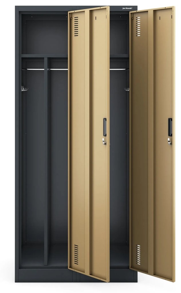 Pléh öltözőszekrény talpazaton, kétmodulos, polccal és köztes fallal KACPER, 800 x 1800 x 500 mm, Eco Design: antracit/ dió