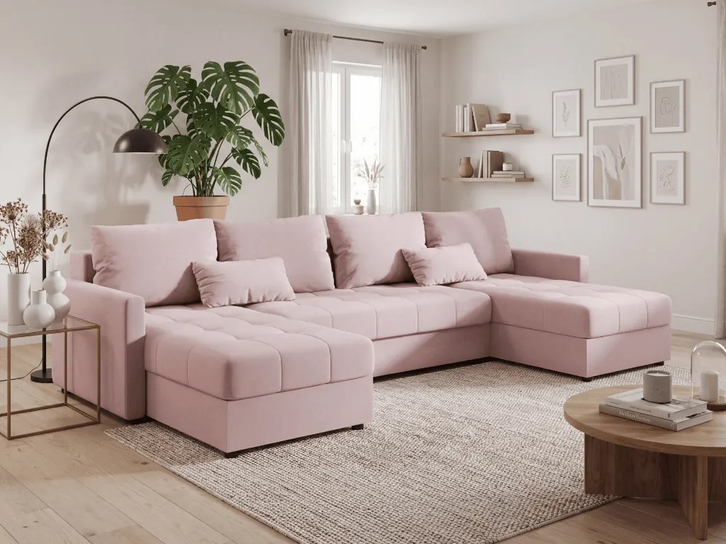 VENORIA U alakú kihúzható ülőgarnitúra, 285x146 cm, púderrózsaszín + 2 párna INGYEN