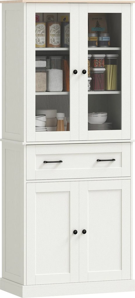HOMCOM konyhai spájzs szekrény, tárolószekrény 2 akril ajtóval, nagy fiókkal és állítható polcokkal, 76 × 40 × 182,5 cm, krémszín | Aosom