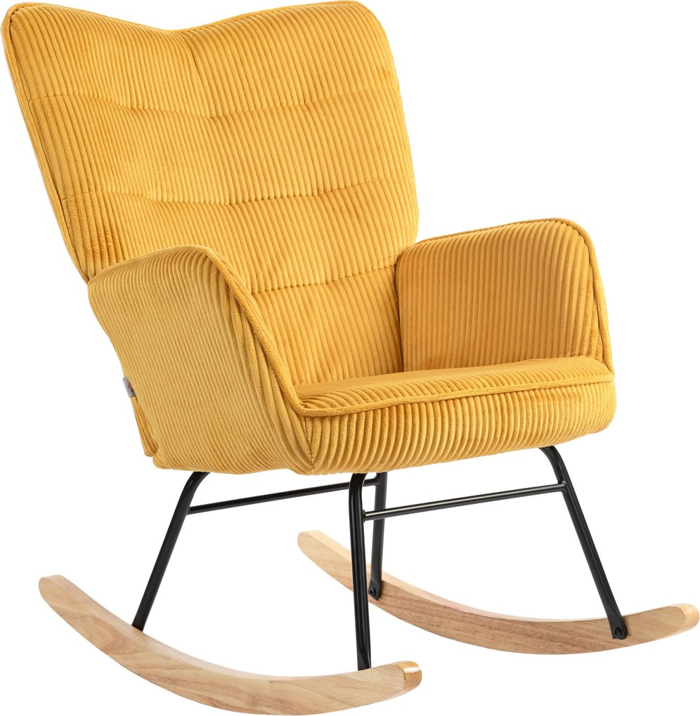 HOMCOM kordbársony hintaszék karfákkal és párnázott üléssel, fa hintaaljjal — max. 120 kg, sárga | Aosom