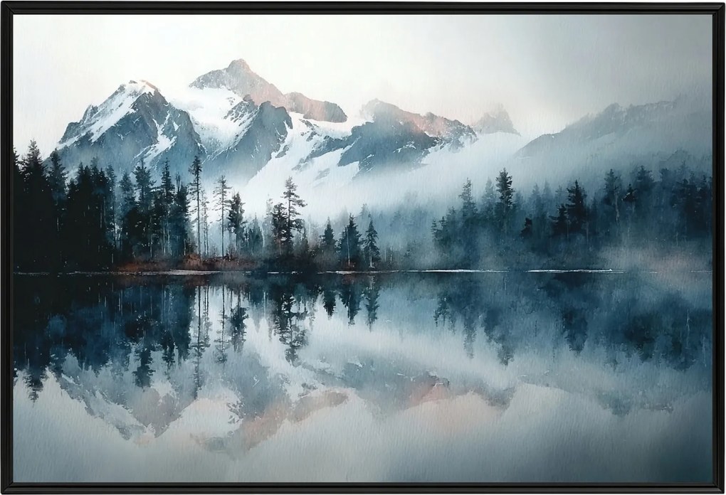 Poszter Keret Alumínium Hegyek Tó Tükröződés Köd Táj Zen 60x40