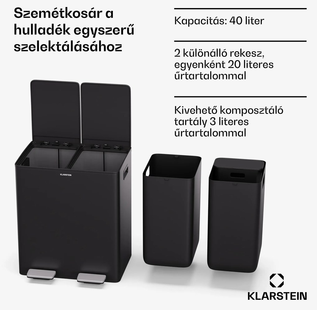 Klarstein EcoVista, hulladékgyűjtő komposztálóval, 40 l + 3 l/tároló + komposztáló, Soft-Close