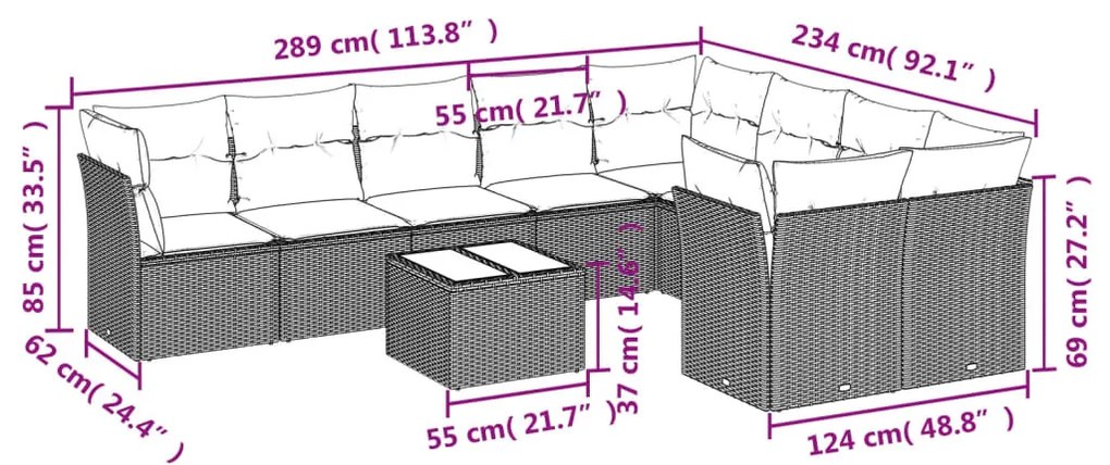 10 részes szürke polyrattan kerti ülőgarnitúra párnákkal