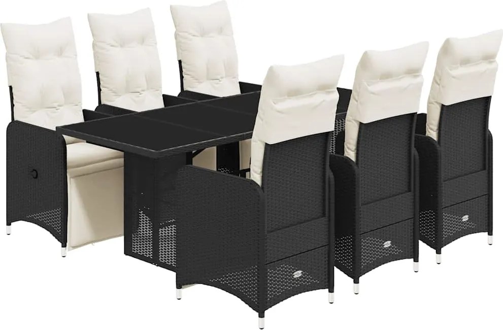 vidaXL 7 részes fekete polyrattan kerti bisztrógarnitúra párnákkal