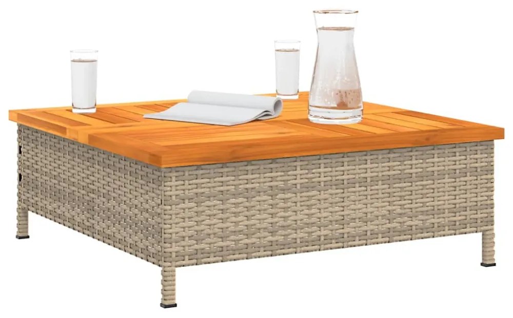 bézs polyrattan és akácfa kerti asztal 70 x 70 x 25 cm