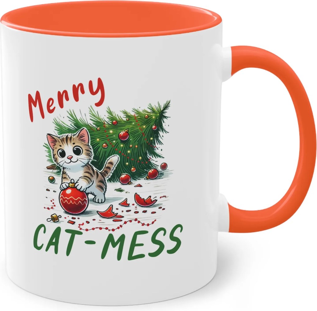 Narancssárga bögre nyomtatott karácsonyi rendetlenség macska cicával Merry Cat-Mess