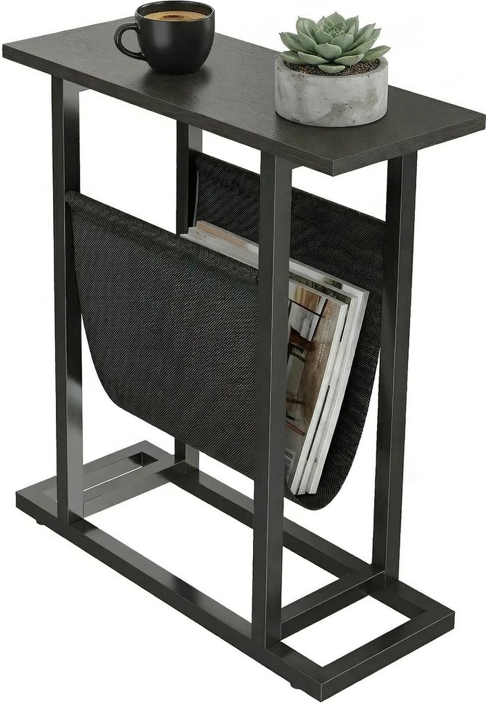 HOMCOM oldalsó asztal/éjjeliszekrény textil zsebbel, acélvázzal – fekete, 49 x 19 x 55 cm | Aosom