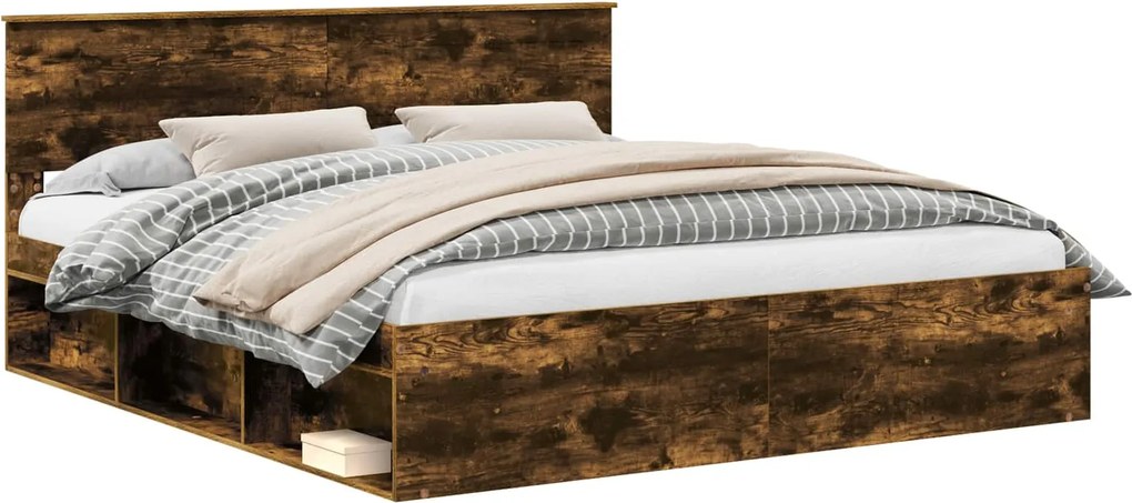 vidaXL Ágykeret fejtámlával Füstölt tölgy 200 x 200 cm Faanyag