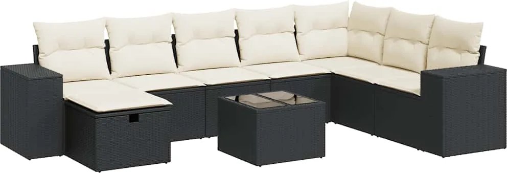 vidaXL 9 részes fekete polyrattan kerti ülőgarnitúra párnákkal