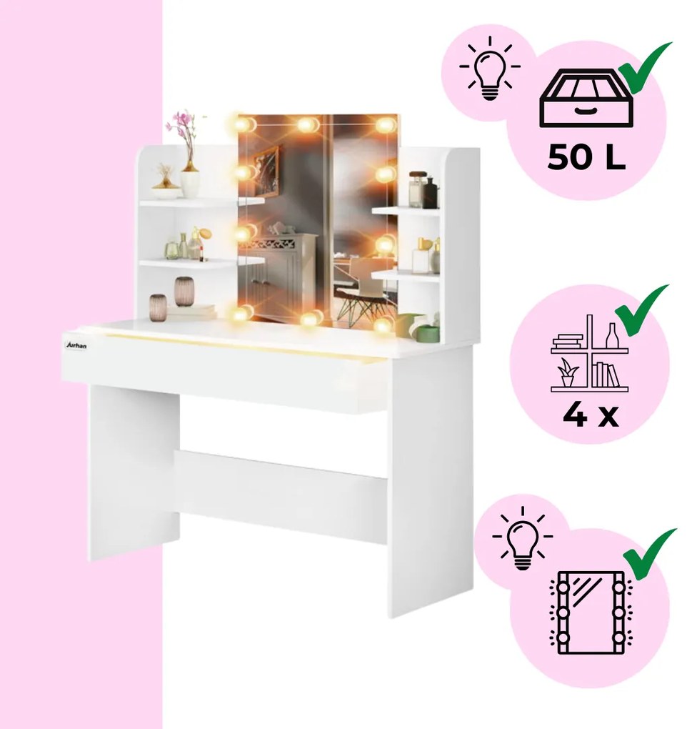 LUCIA fésülködőasztal világítással, 108x40x140cm, fehér Jurhan