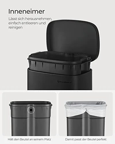 30 literes pedálos szemetes, acél, belső vödörrel, halk záródású fedéllel, fekete