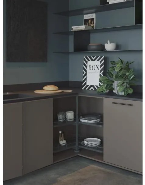 Konyhai fémrács, sarokszekrénybe, 3/4 kör kosár, antracit, 810mm átmérő, oszloppal, 400mm ajtókhoz, Sige Infinity Line 361