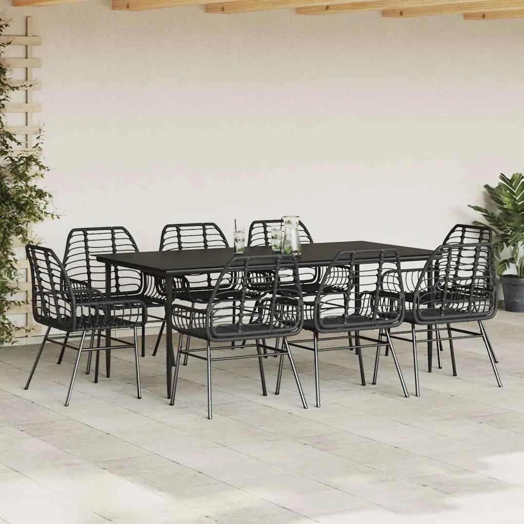 9 részes fekete polyrattan üveg kerti étkezőgarnitúra