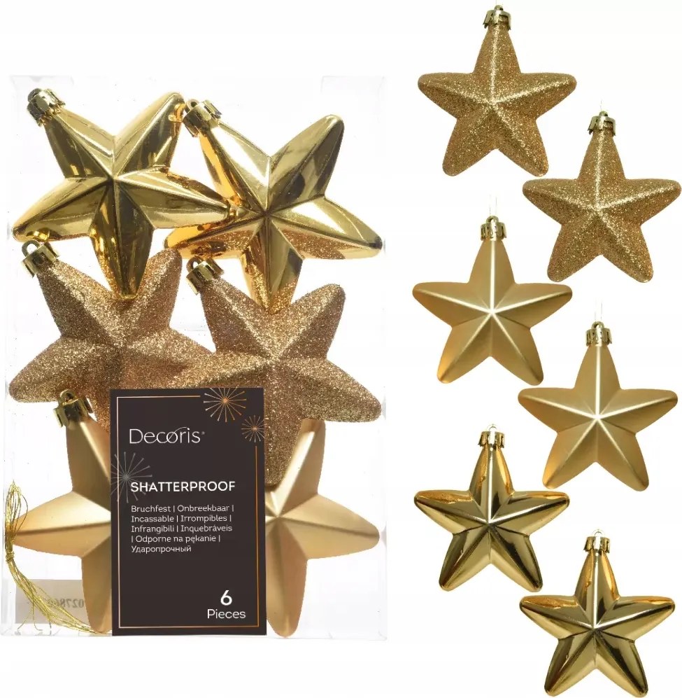 Karácsonyfadíszek műanyag csillagok karácsonyfára x6 Arany karácsonyfadísz