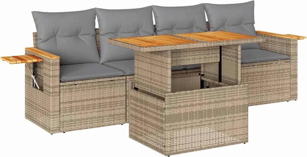 vidaXL 5 részes bézs polyrattan és akácfa kerti ülőgarnitúra párnákkal