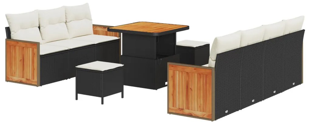 10 darabos Kerti Sofa Szett Párnákkal Fekete Poli Rattan Akáciából