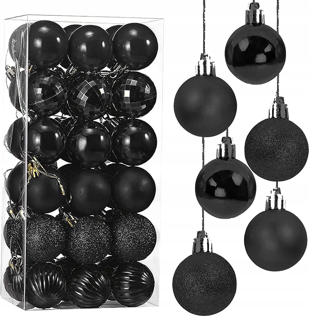 Díszített karácsonyfadísz, Sima karácsonyfadísz 4 cm 36 db fekete