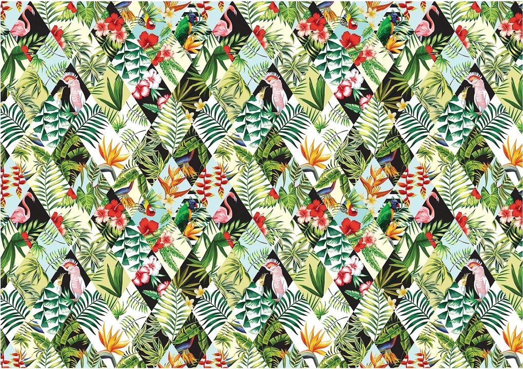 Fotótapéta Flamingók Kakadu Virágok Levelek Trópusi Paradicsom 300x210 +ragasztó