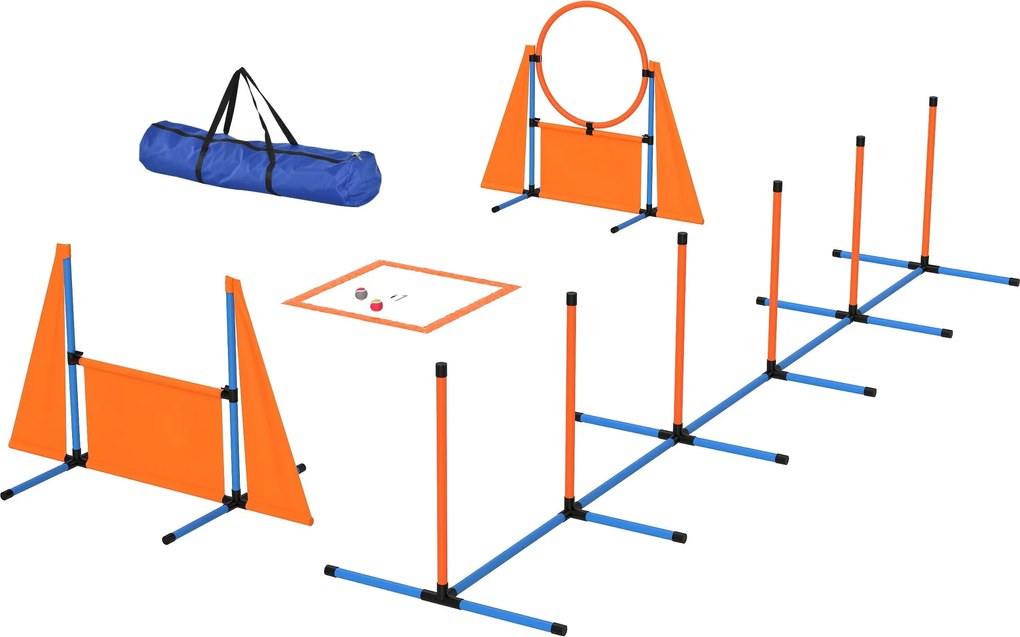 PawHut 6 darabos kutya agility edzőkészlet slalom rúddal, pihenő terület kerítéssel, ugráló gyűrűvel és labdákkal Narancs | Aosom