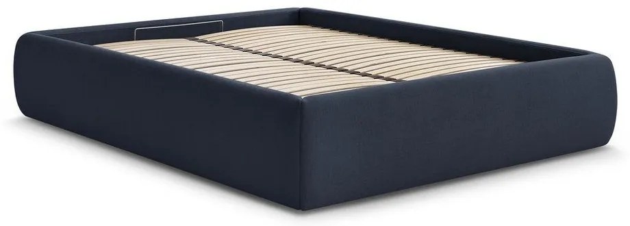 Sötétkék kárpitozott ágyneműtartós-ágytámla nélkül franciaágy ágyráccsal 180x200 cm Inera – Bobochic Paris