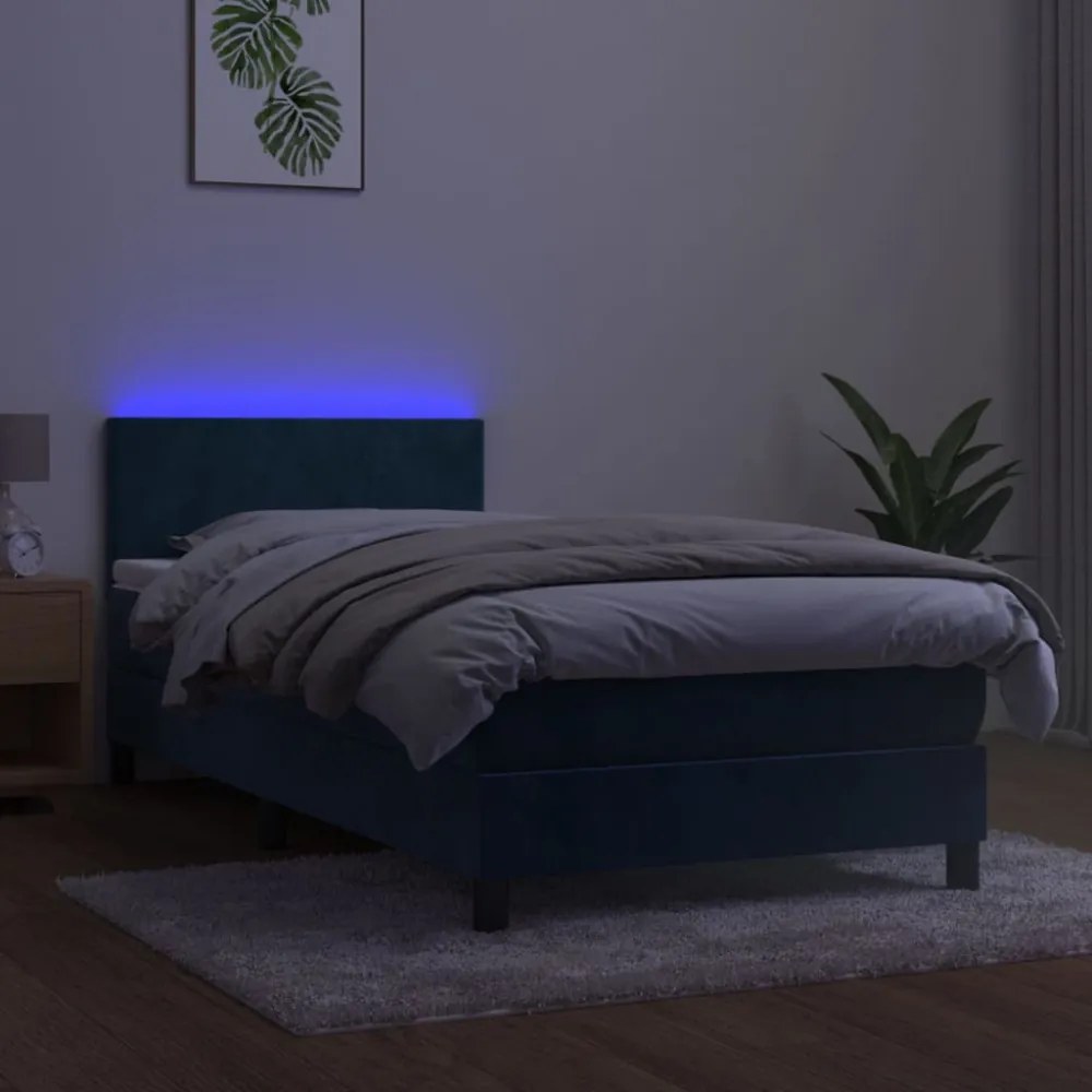 sötétkék bársony rugós és LED-es ágy matraccal 80 x 200 cm