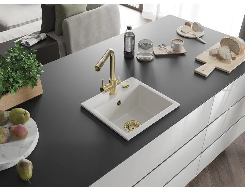 Mexen Milo, gránit mosogató 435x410x171 mm, 1 kamrás és arany Duero csaptelep, fehér, 6505-20-671600-50