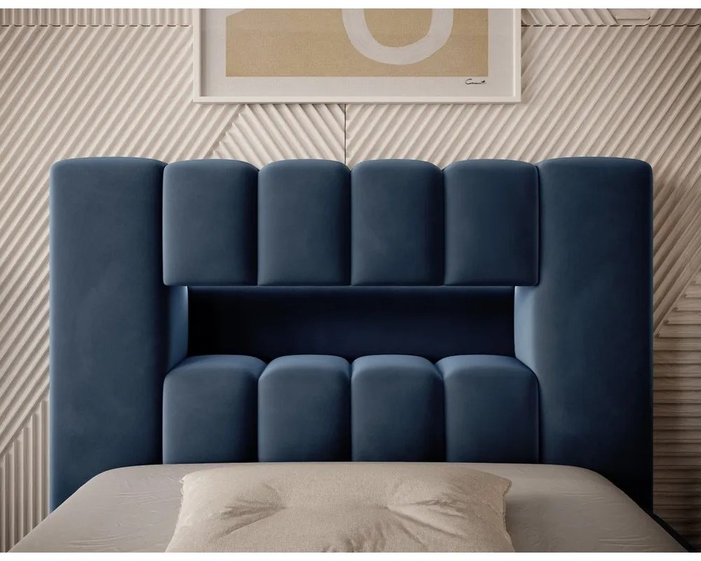 Sötétkék kárpitozott ágyneműtartós egyszemélyes ágy ágyráccsal 90x200 cm Lamica – ELTAP