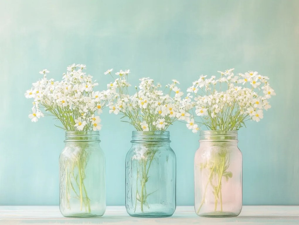 Vászonkép Canvas Dekoráció Színes Befőttesüvegek Fehér Virágok Tavasz 100x75