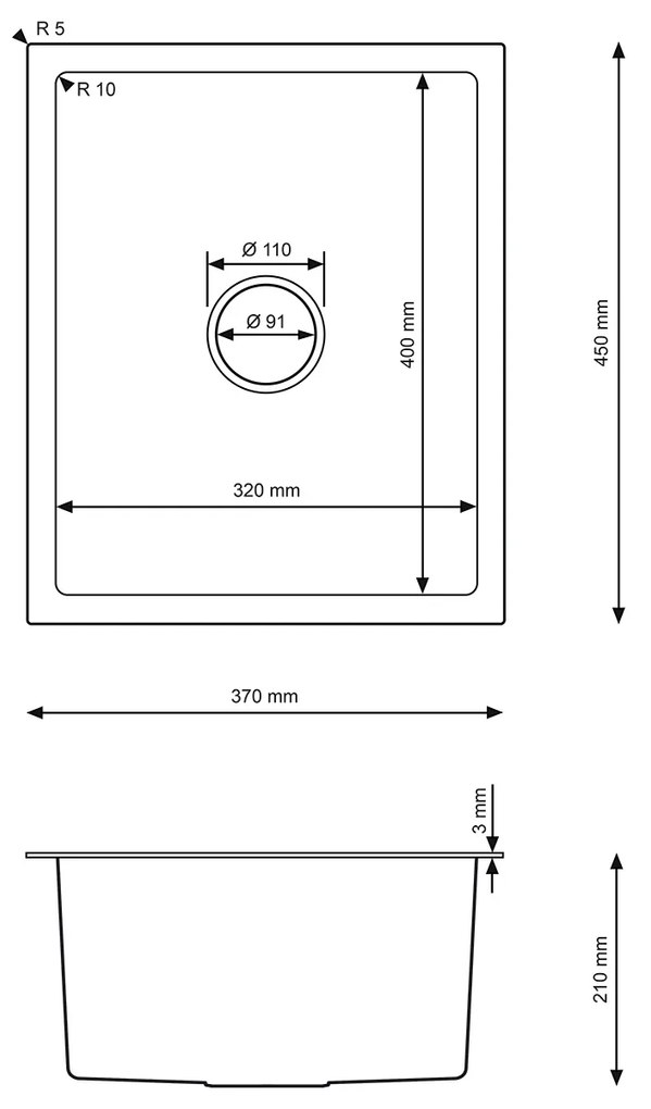 Erga HD, 1 kamrás acél mosogató 370x450x210 mm, grafit, ERG-MLS-HD3745B