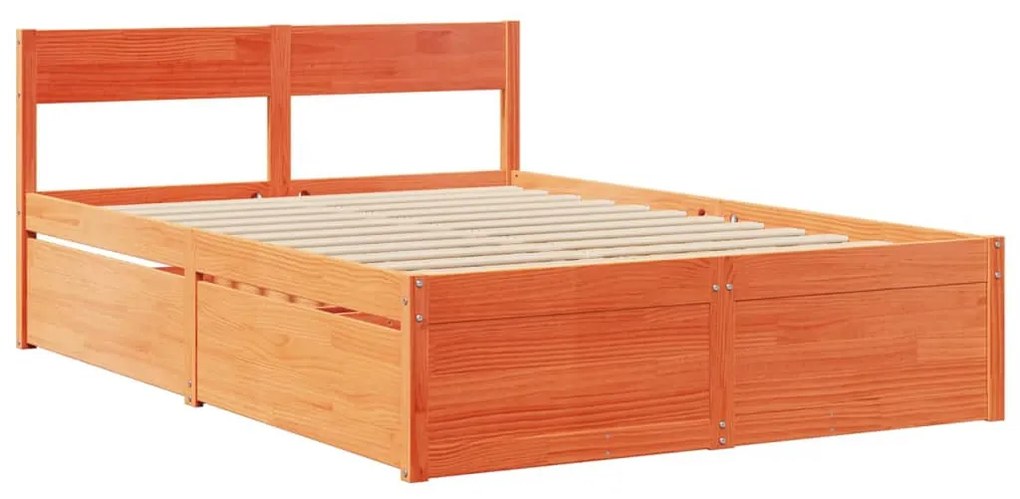 viaszbarna tömör fenyőfa ágy fiókokkal és matraccal 120x200 cm