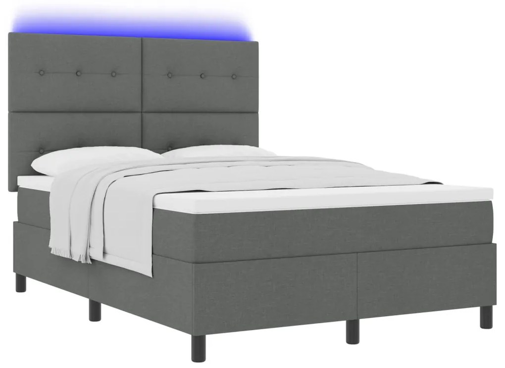 Boxspring ágy matraccal és LED világítással, sötétszürke, 140 x 200 cm, szövet