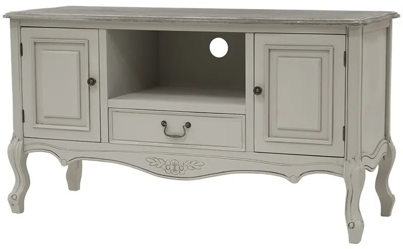 Provence krémfehér koptatott vintage 2 ajtós TV asztal fiókkal faragott díszítéssel 68x120x45cm
