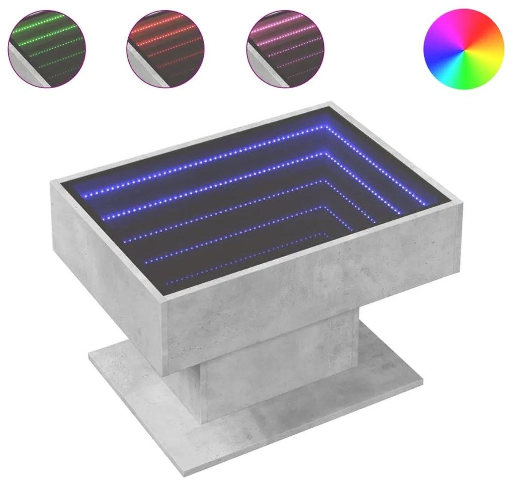 Betonszürke szerelt fa dohányzóasztal LED-del 70 x 50 x 45 cm