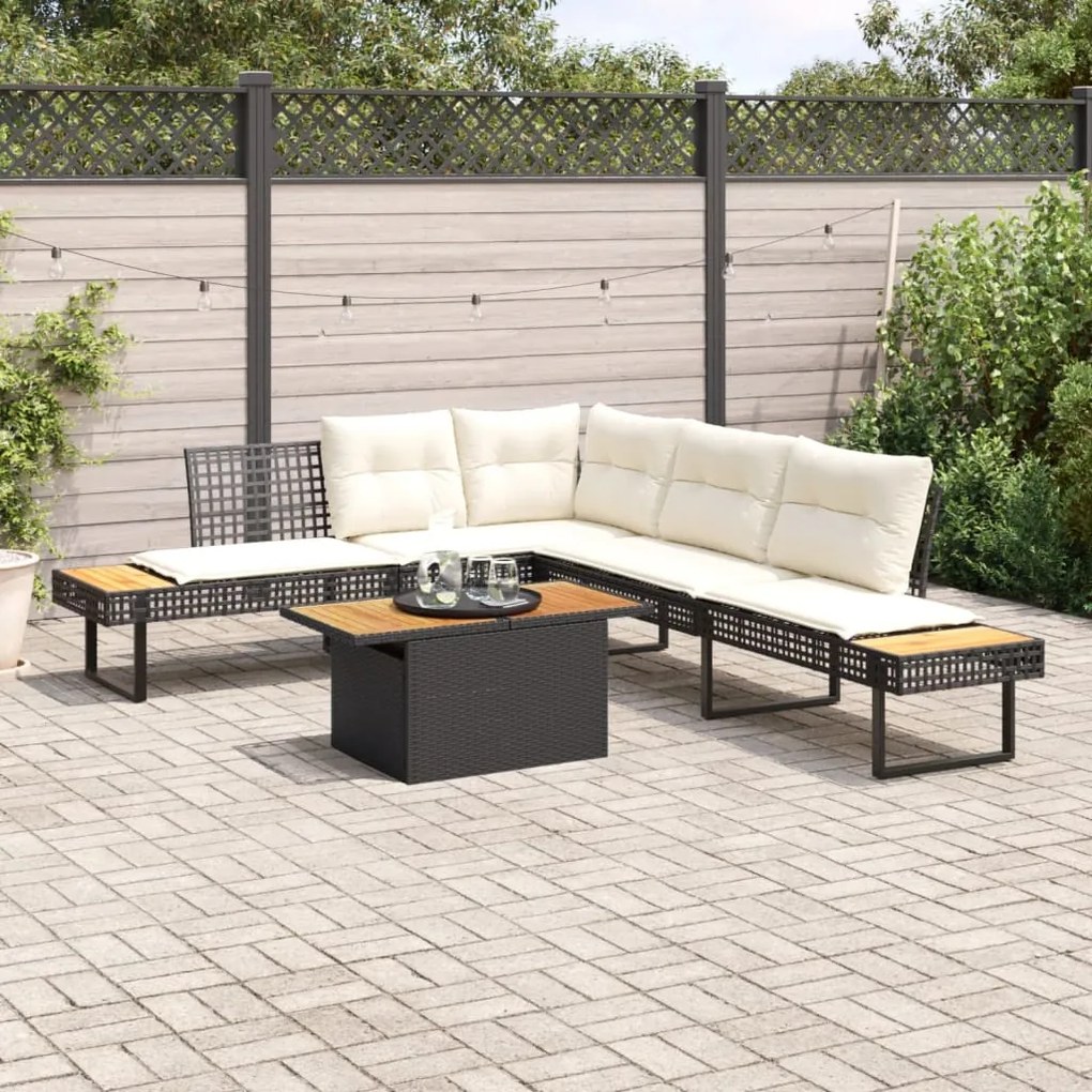 2 részes fekete polyrattan/akácfa kerti kanapészett párnákkal
