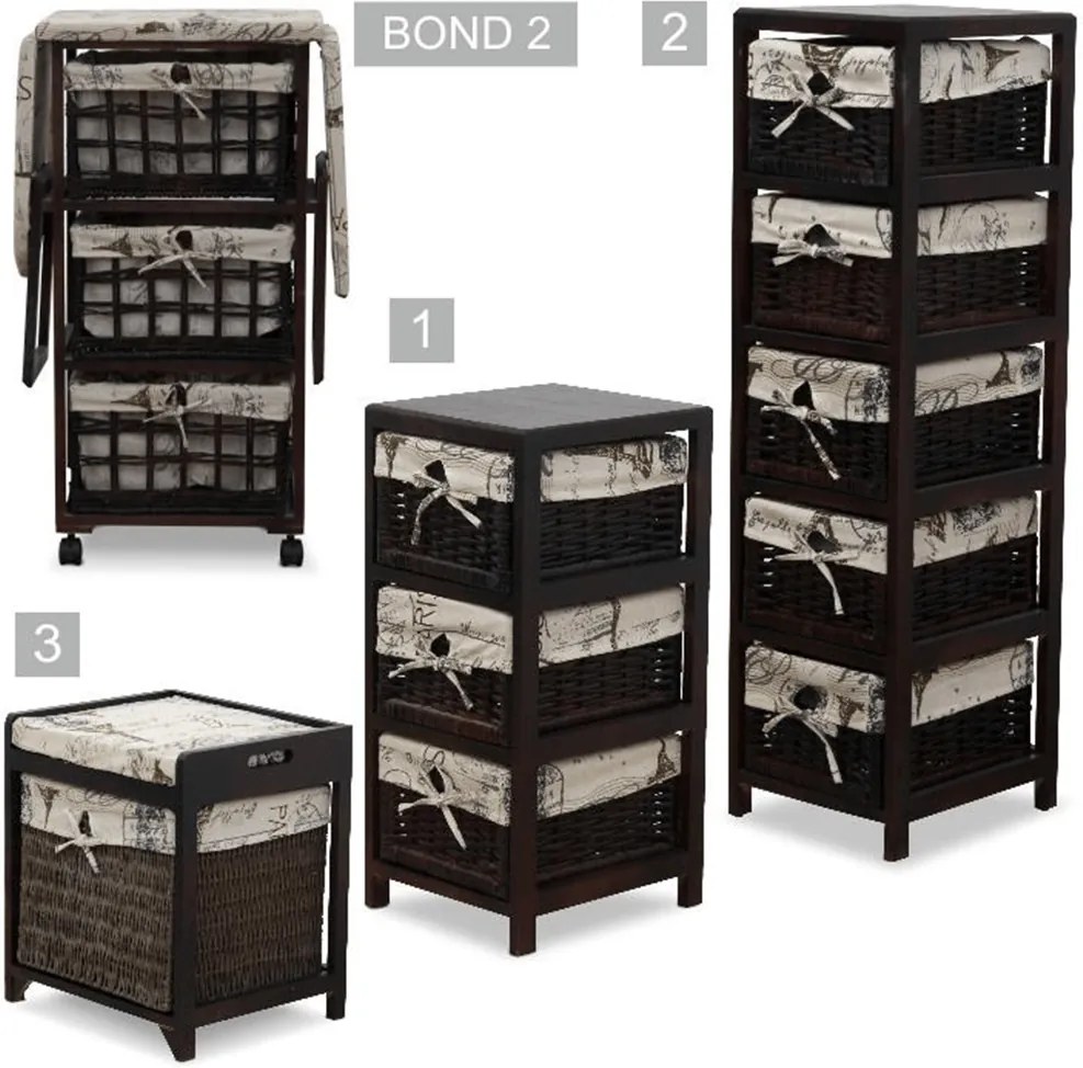 Komód, 3 fonott kosár, sötétbarna/bézs, ELI 1