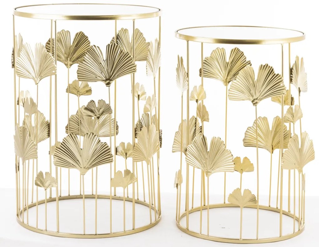 Gatsby design kerek fém 2db-os konzolasztal szett ginkgo biloba levelekkel üveg lappal 55x38x38-50x33x33cm