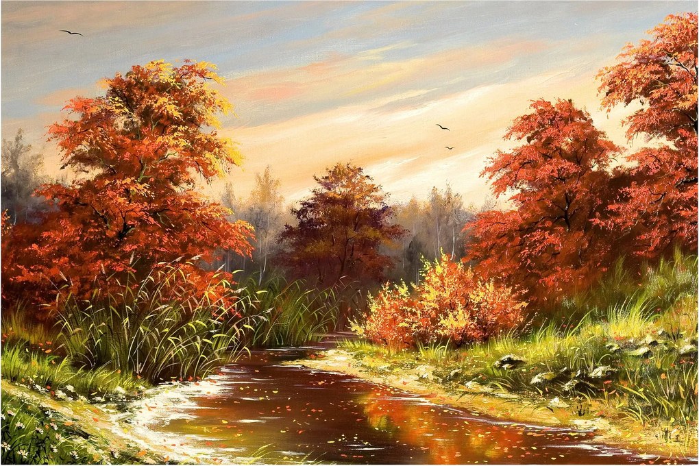 Kép egy folyóról egy őszi tájban, olajfestmény (90x60 cm)