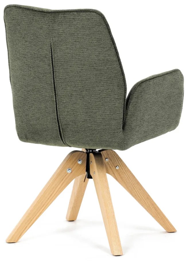 Scaun de sufragerie cu cotiere, din material verde hidrofug, cu picioare de stejar, rotativ la 360°