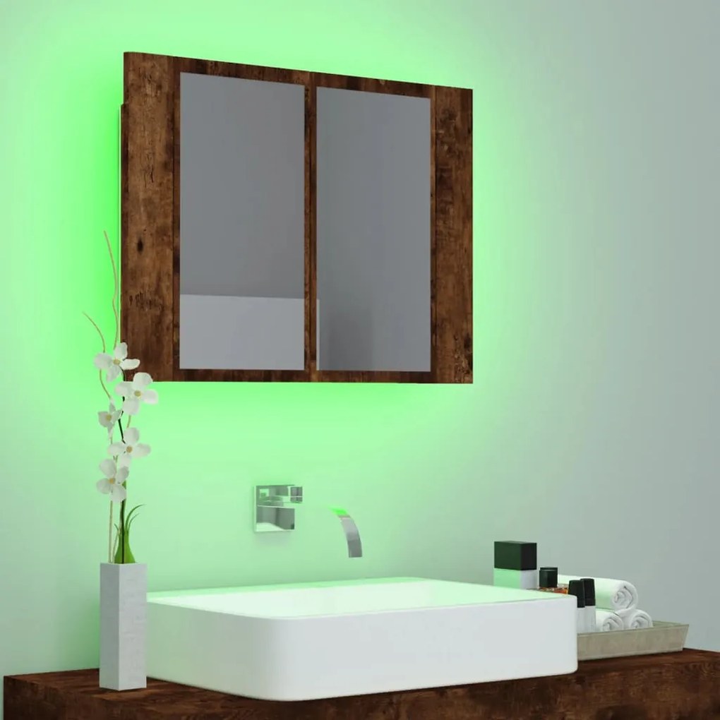 füstös tölgy szerelt fa tükörszekrény LED-del 80x20,5x64 cm