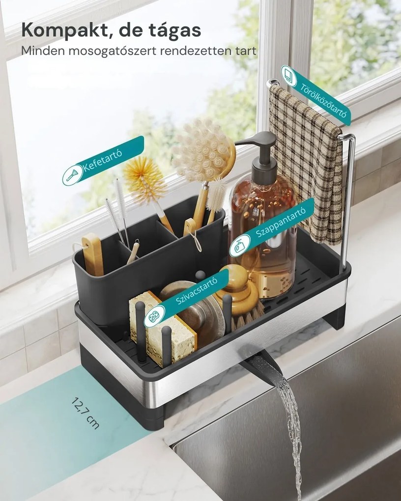 SINK mosogató rendszerező csepegtetővel, ezüst/fekete SongmicsHome