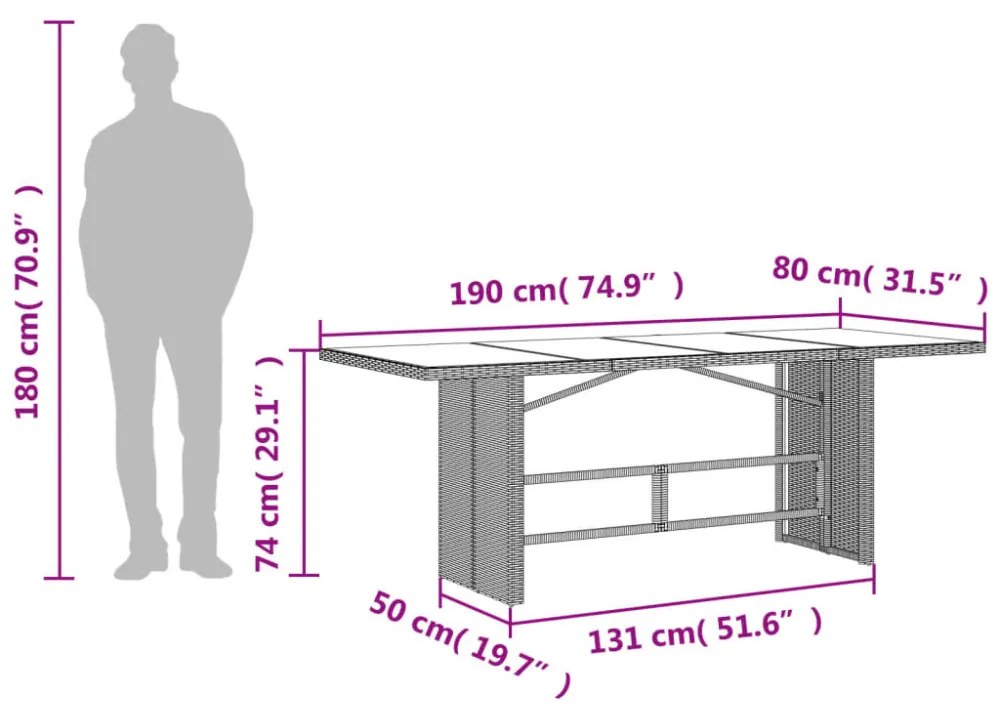 szürke polyrattan üveglapos kerti asztal 190x80x74 cm