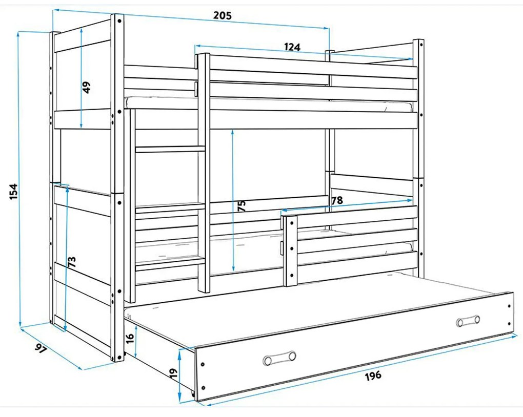 Gyerek emeletes ágy kihúzható ággyal RICO 200x90 cm Fehér Fehér