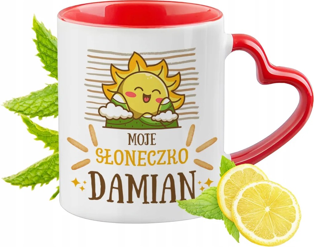 Piros bögre szív alakú füllel Damiannak Ajándék