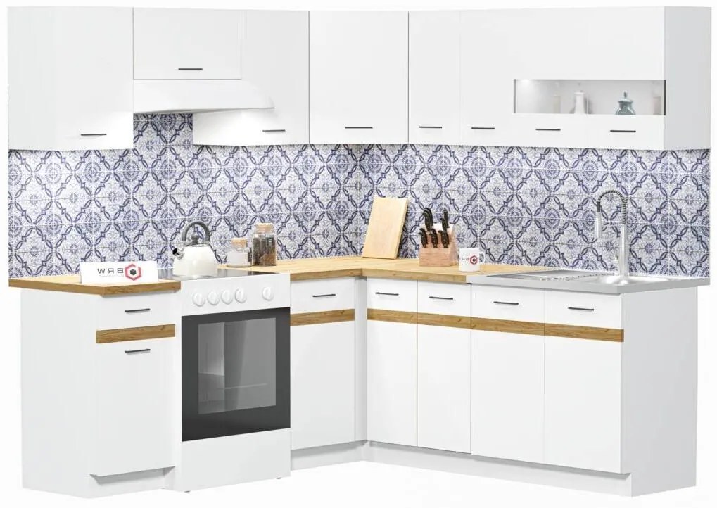 JUNO WHITE 200x200 cm L alakú konyhablokk fehér / arany craft tölgy (jobbos)