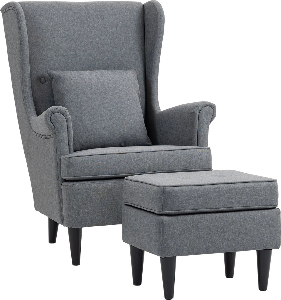 HOMCOM Szárnyas Fotel Puffal, Modern Karfás Fotel Lendületes Vászon Hatással, Deréktámasz Párnával, Pihentető Szék Kényelmes Karfával a Nappaliba Szür