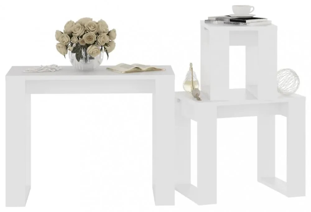 3 db fehér, rétegelt fa egymásba rakható asztal