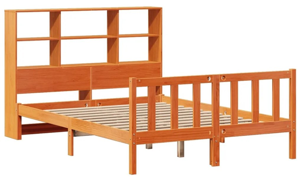 barna tömör fenyőfa könyvespolcos ágy matrac nélkül 120 x 190cm