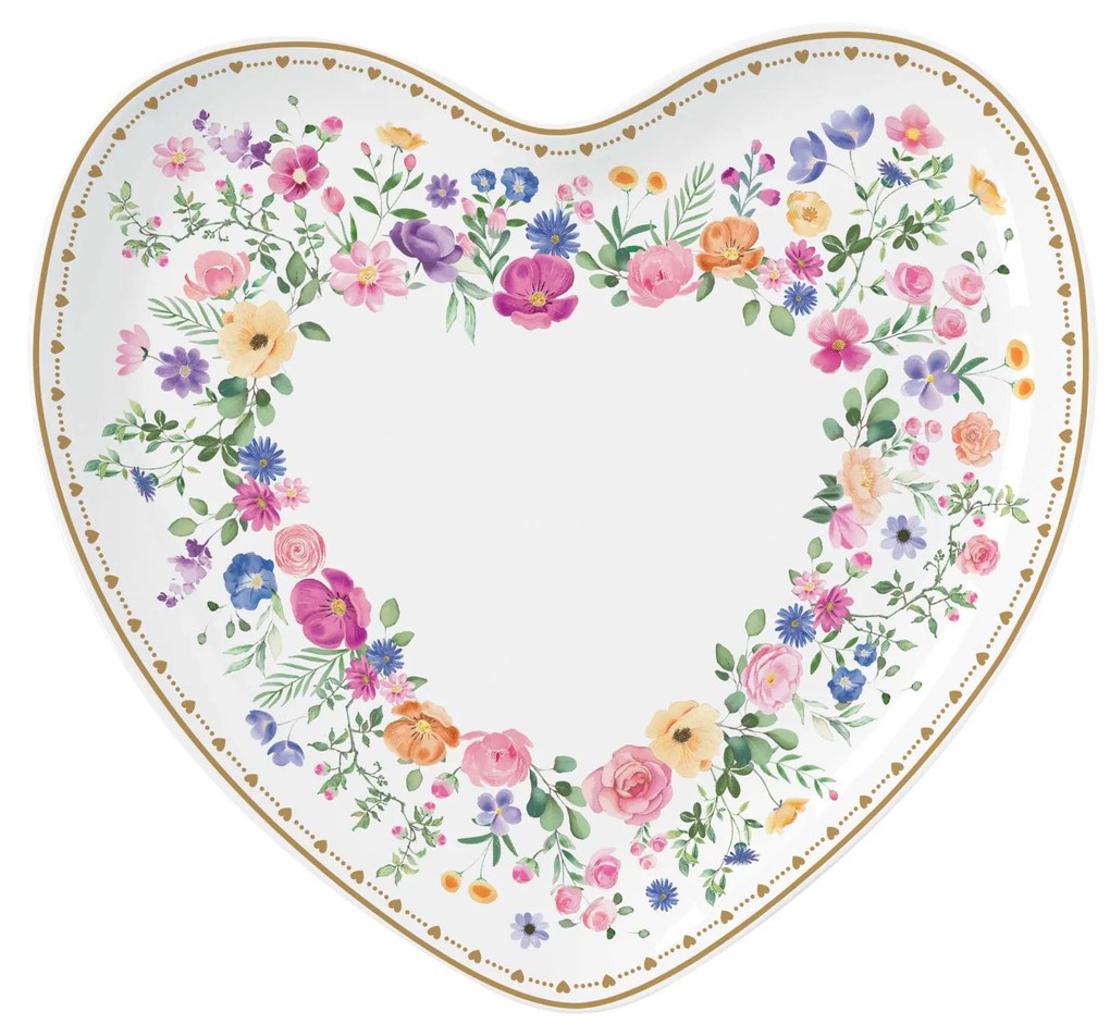 Virág mintás porcelán szív alakú kínáló tálca 20x19 cm díszdobozban Easy Life Mon Amour