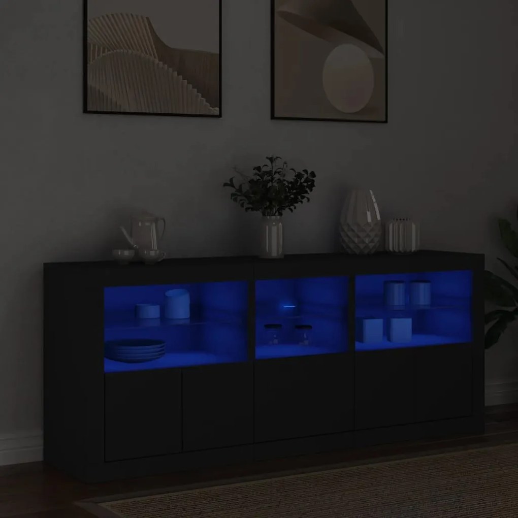 fekete tálalószekrény LED-világítással 162 x 37 x 67 cm