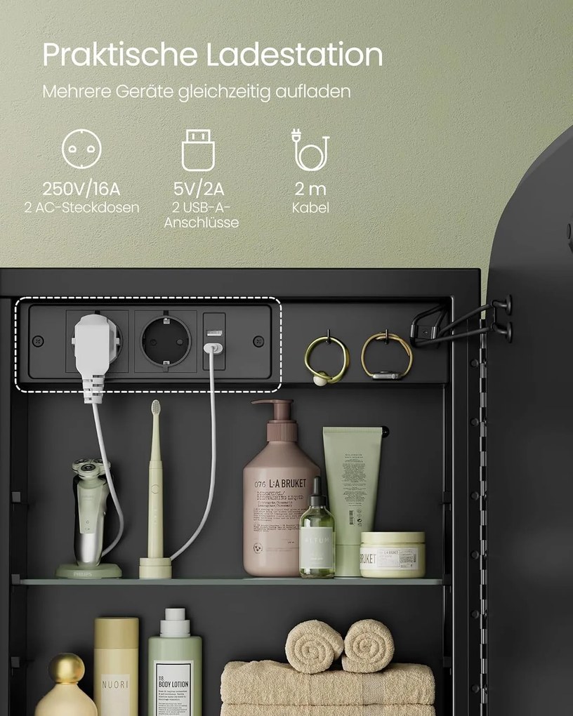 Tükörszekrény világítással, Fali szekrény, AC csatlakozóval és 2 USB porttal, fekete Outlet
